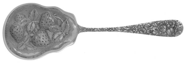 Stieff Rose (Sterling, 1892, No Monograms) Chased Fruit Serving Spoon-4 Berries