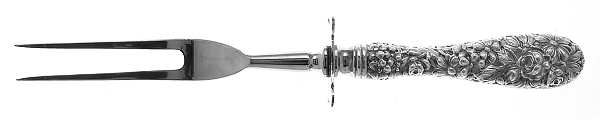 Stieff Rose (Sterling, 1892, No Monograms) Large Full Repousse Steak Carving Fork,Stnls Blade