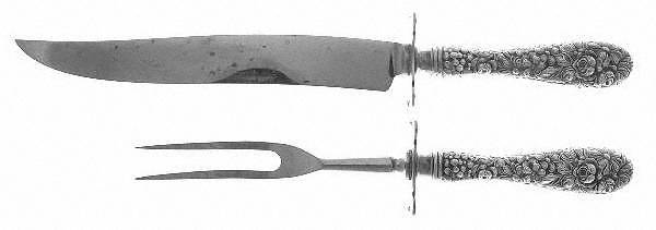 Stieff Rose (Sterling, 1892, No Monograms) 2 Pc Large Carving Set,Sterling Guard,Full Repouss