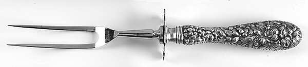 Stieff Rose (Sterling, 1892, No Monograms) Large Full Repousse Steak Carving Fork,Stnls Blade