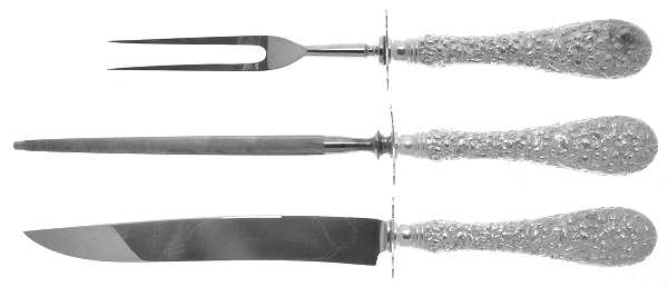Stieff Rose (Sterling, 1892, No Monograms) 3 Pc Large Carving Set,Sterling Guard,Full Repouss