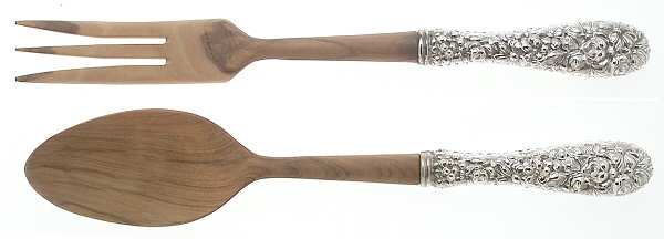 Stieff Rose (Sterling, 1892, No Monograms) Wooden Bowl 2 Piece Salad Set-Full Repousse