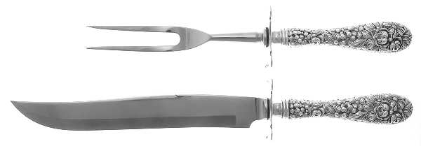 Stieff Rose (Sterling, 1892, No Monograms) 2 Pc Small Carving Set,Sterling Guard,Full Repouss by Kirk Stieff