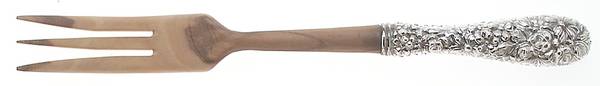 Stieff Rose (Sterling, 1892, No Monograms) Salad Serving Fork w/Wooden Prongs&Full Repousse