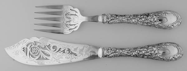 Stieff Rose (Sterling, 1892, Monograms) Hollow Handled Fish Serving Set Silverplate Blade