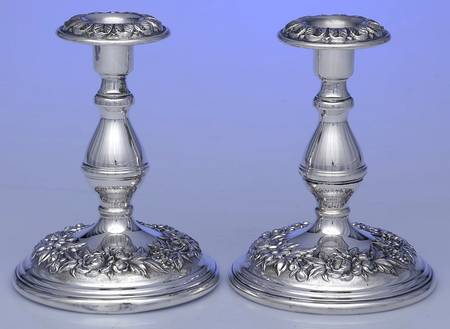 Repousse-Full Chased-Hand Chased Pair of Weighted Candleholders