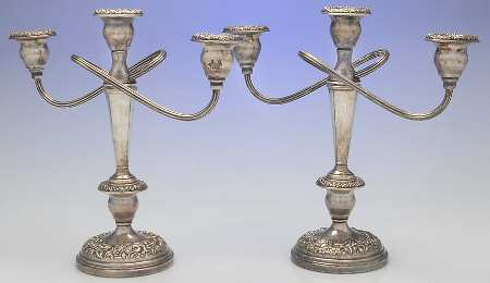 Repousse-Full Chased-Hand Chased Pair of Weighted 3 Light Candelabra