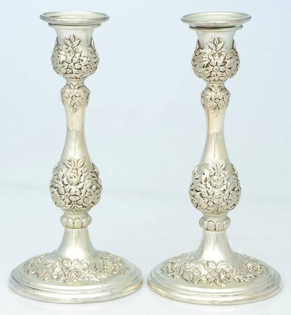 Repousse-Full Chased-Hand Chased Pair of Weighted Candlesticks