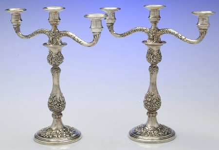 Repousse-Full Chased-Hand Chased Pair of Weighted 3 Light Candelabra