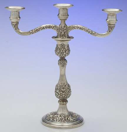 Repousse-Full Chased-Hand Chased Weighted 3 Light Candelabra