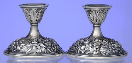 Repousse-Full Chased-Hand Chased Pair of Weighted Candleholders