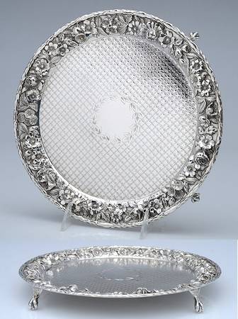 Repousse-Full Chased-Hand Chased 9" 4 Toed Round Salver