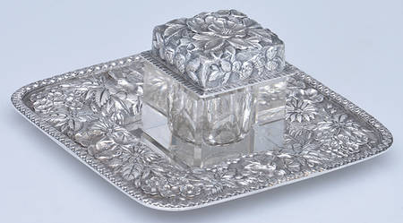 Repousse-Full Chased-Hand Chased (3 Piece) Inkwell with Glass Base