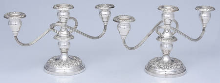 Repousse-Full Chased-Hand Chased Pair of Weighted 3 Light Candelabra