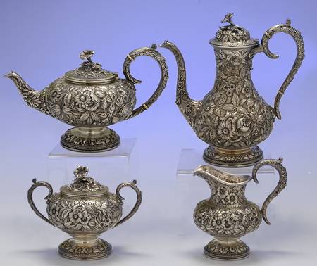 Repousse-Full Chased-Hand Chased 4 Piece Tea Set (CP3, TP3, CR3, SU3)