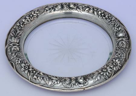 Repousse-Full Chased-Hand Chased Crystal Wine Coaster with Sterling Lip