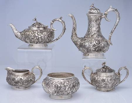 Repousse-Full Chased-Hand Chased 5 Piece Tea Set (SCP, STP, SCR, SSU, SWB)