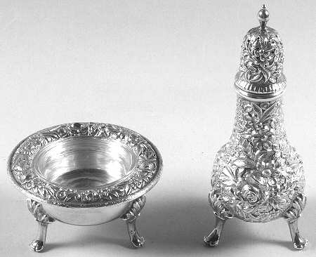 Repousse-Full Chased-Hand Chased Sterling Open Salt and Pepper and Liner Individual
