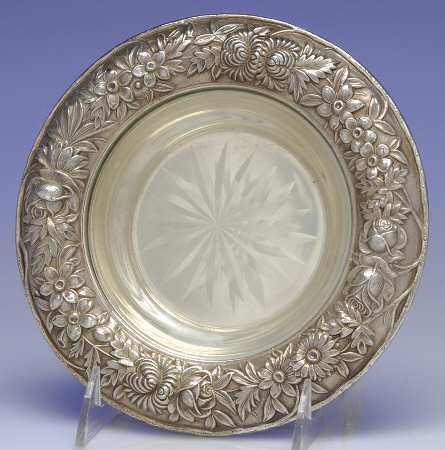 Repousse-Full Chased-Hand Chased Round Open Butter Dish with Glass Liner