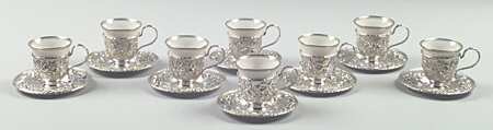 Repousse-Full Chased-Hand Chased Demi Cup and Saucer with Liner - Set of 8