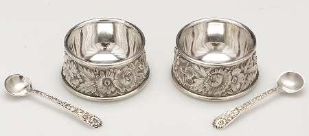 Repousse-Full Chased-Hand Chased Set of 2 Individual Open Salt & Spoon