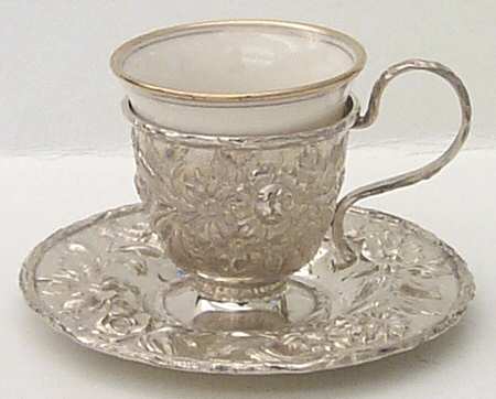Repousse-Full Chased-Hand Chased Sterling Demitasse Cup, Saucer and Liner