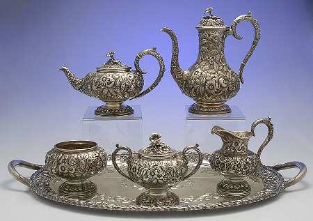 Repousse-Full Chased-Hand Chased 6 Piece Tea Set (CP3, TP3, CR3, SU3, WB3, WT24)
