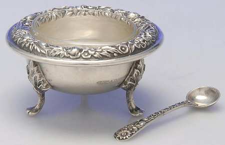 Repousse-Full Chased-Hand Chased Open Salt Master W/Crystal Liner & Spoon