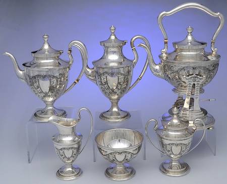 Mayflower (Sterling, Hollowware) 6 Piece Tea Set (SCP, STP, SCR, SSU, SWB, SKES)