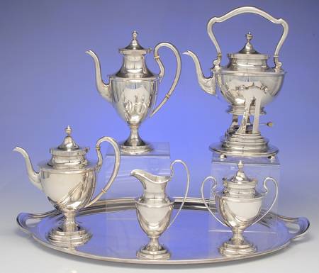 Calvert-Old Maryland Plain (Sterling, Hollowware) 7 Piece Tea Set (SCP, STP, SCR, SSU, SWB, SKES & WTL)