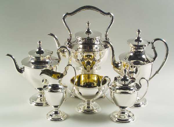 Calvert-Old Maryland Plain (Sterling, Hollowware) 6 Piece Tea Set (SCP, STP, SCR, SSU, SWB, SKES)