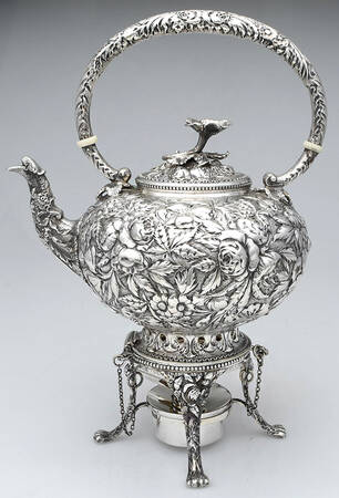 Repousse (Coin, Hollowware, No Landscape) Kettle Stand and Complimentary Silverplate Burner