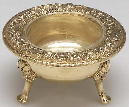 Repousse-Full Chased-Hand Chased Individual Gold Vermeil Open Salt w/Crystal Liner