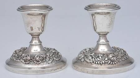 Stieff Rose (Sterling, 1892, Hollowware) Pair of Weighted Candleholders