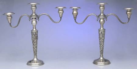 Stieff Rose (Sterling, 1892, Hollowware) Pair of 13" Weighted 3 Light Candelabra