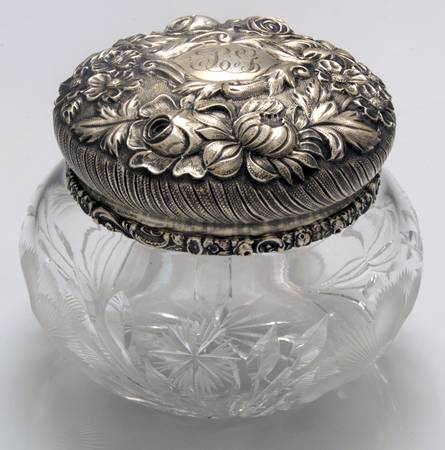 Stieff Rose (Sterling, 1892, Hollowware) Dresser Jar with Crystal Bowl and Sterling Lid