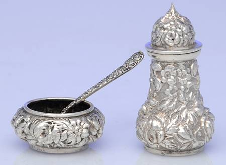 Stieff Rose (Sterling, 1892, Hollowware) 3 Pc Individual Open Salt, Spoon and Pepper Shaker