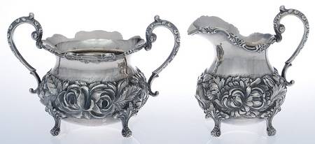 Stieff Rose (Sterling, 1892, Hollowware) Mini Creamer and Open Sugar Set