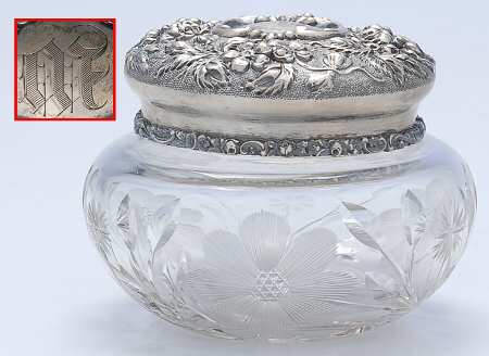 Stieff Rose (Sterling, 1892, Hollowware) Powder Jar, Crystal Bowl and Sterling Lid