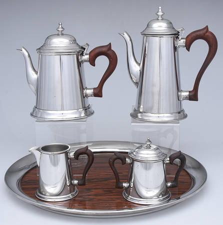 Colonial (Pewter, Hollowware) 5 Piece Tea Set with Brown Handle(CPBRH,TPBRH,CRBRH,SUBRH,RT16)