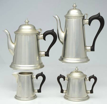 Colonial (Pewter, Hollowware) 4 Piece Tea Set with Black Handles (CPBH,TPBH, CRBH,SUBH)