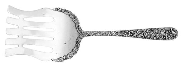 Repousse (Sterling, 1896, 925-1000) Oversize Solid Asparagus Serv. Fork W/Applied Bowl