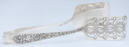 Repousse (Sterling, 1896, 925-1000) Solid Piece Aspragus Tongs