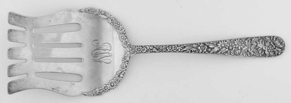Repousse (Sterling, 1896, 925-1000) Oversize Solid Asparagus Serv. Fork W/Applied Bowl