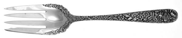 Repousse (Sterling, 1896, 925-1000) Large Cold Meat Fork w/Applied Bowl
