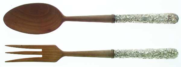 Repousse (Sterling, 1896, 925-1000) Wooden Bowl 2-Piece Salad Set