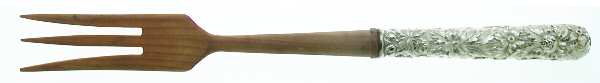 Repousse (Sterling, 1896, 925-1000) Salad Serving Fork with Wooden Prongs