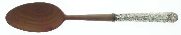 Repousse (Sterling, 1896, 925-1000) Salad Serving Spoon with Wooden Bowl
