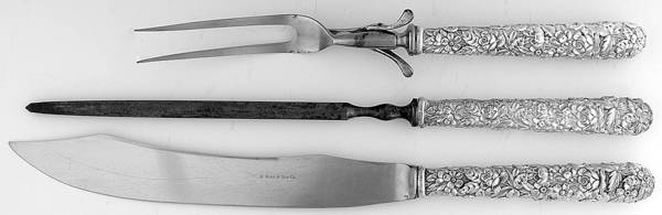 Repousse (Sterling, 1896, 925-1000) 3 Pc Large Full Repousse Roast Carving Set,StnlBld