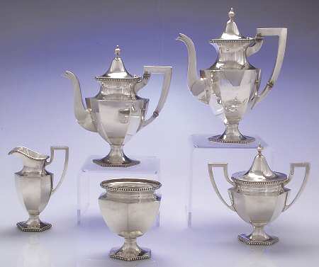 Colonial-Beaded (Sterling, 500, Hollowware) 5 Piece Tea Set (SCP, STP, SCR, SSU, SWB)